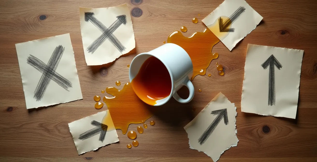Spilled tea cup on desk with scattered papers showing navigation icons