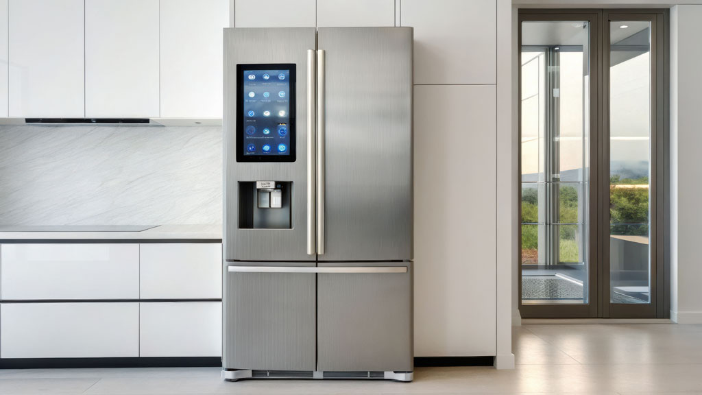 Modern smart refrigerator with digital display in contemporary kitchen setting