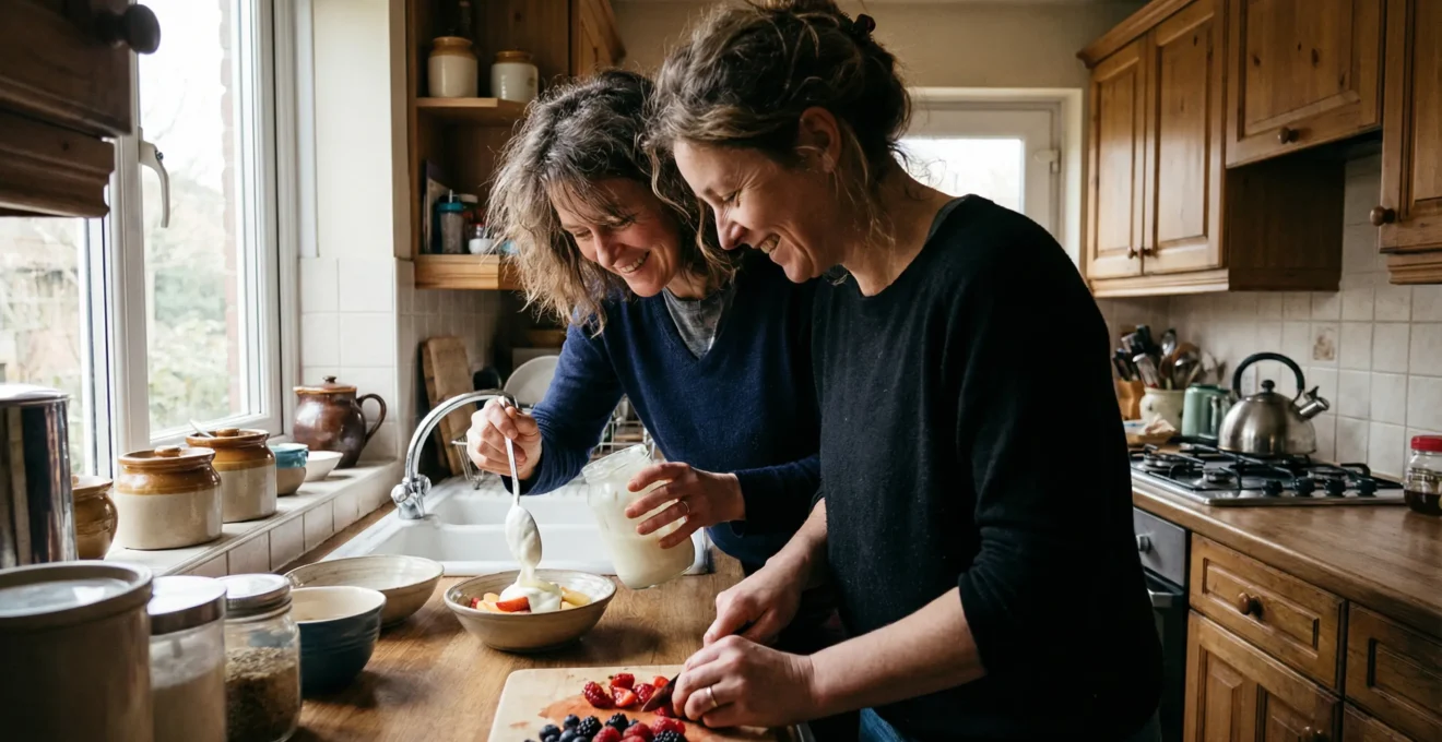 Two adults preparing yogurt and fruit bowl in UK home kitchen