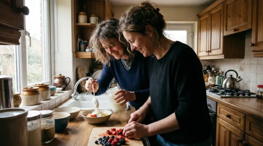 Two adults preparing yogurt and fruit bowl in UK home kitchen