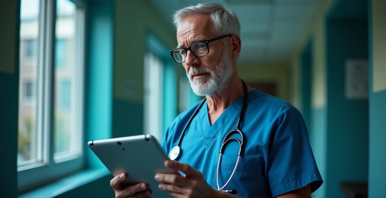 Healthcare professional reviewing AI diagnostic recommendations on a tablet