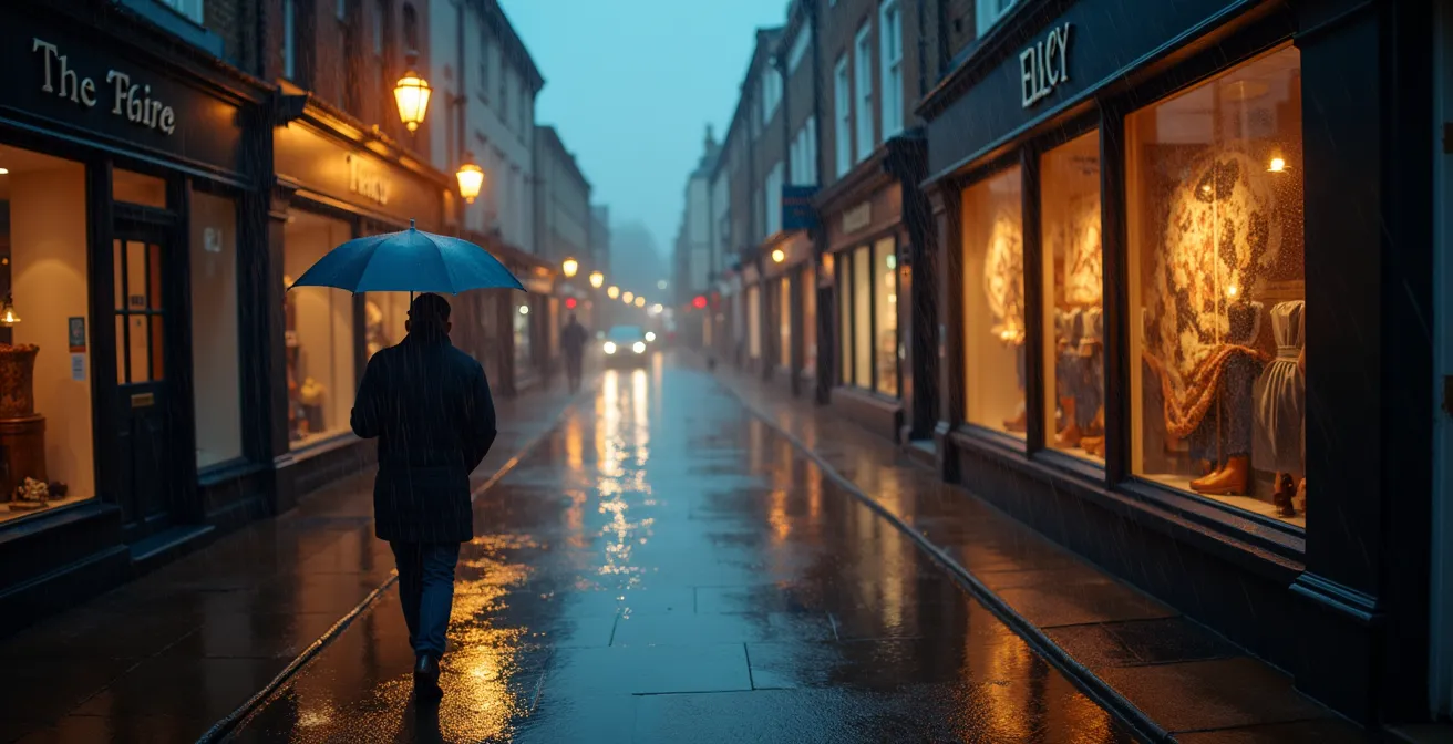 Wide environmental shot of a rain-soaked UK shopping street with atmospheric lighting