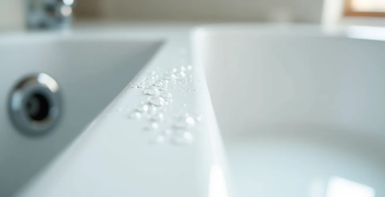 Macro shot of professional silicone bead application on bathtub edge