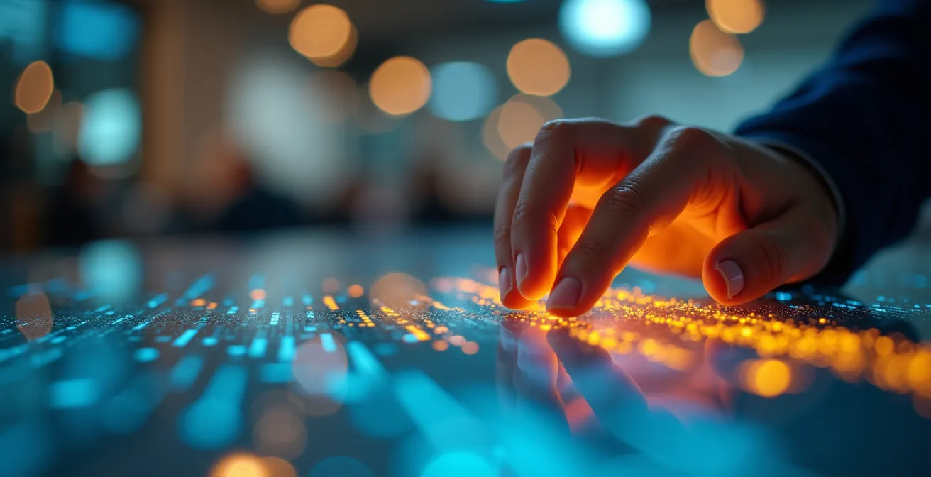 Close-up macro shot of hands analyzing email engagement patterns on abstract data visualization