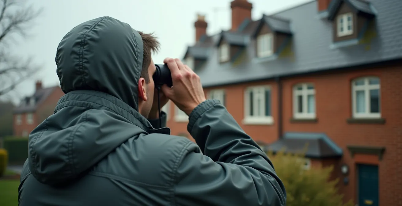 UK homeowner safely inspecting slate roof from ground level with binoculars