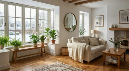 Bright natural light streaming through a UK home interior during winter with indoor plants and warm textures