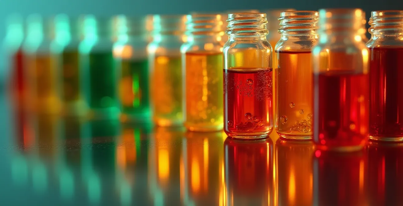 Close-up macro shot of blood sample vials with abstract color gradients representing a traffic light system.