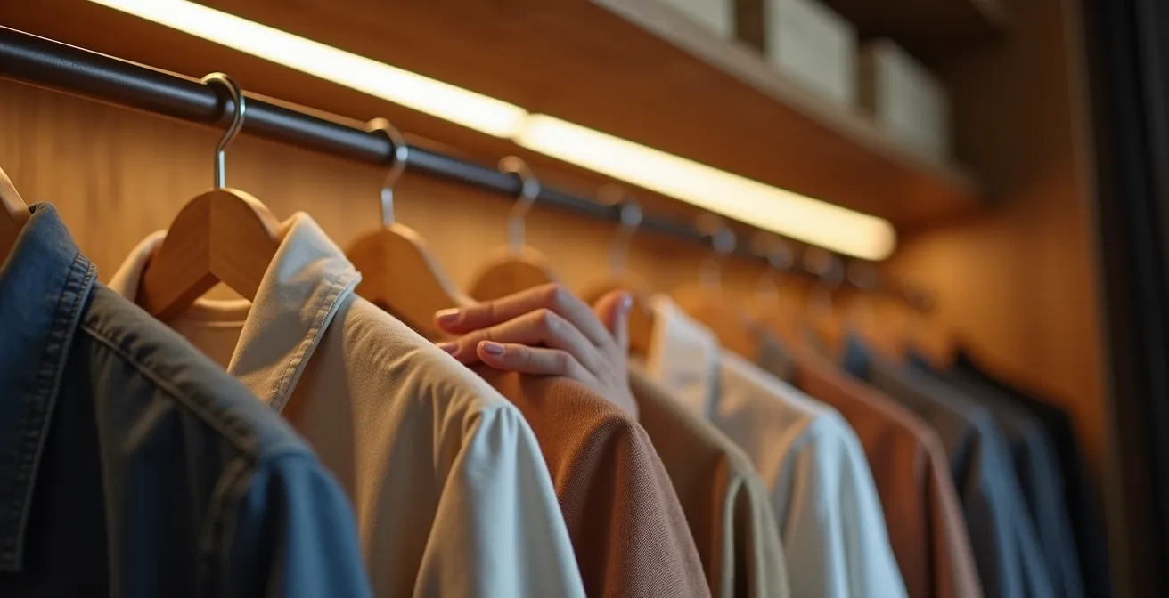 An elegantly lit minimalist wardrobe interior with carefully spaced garments