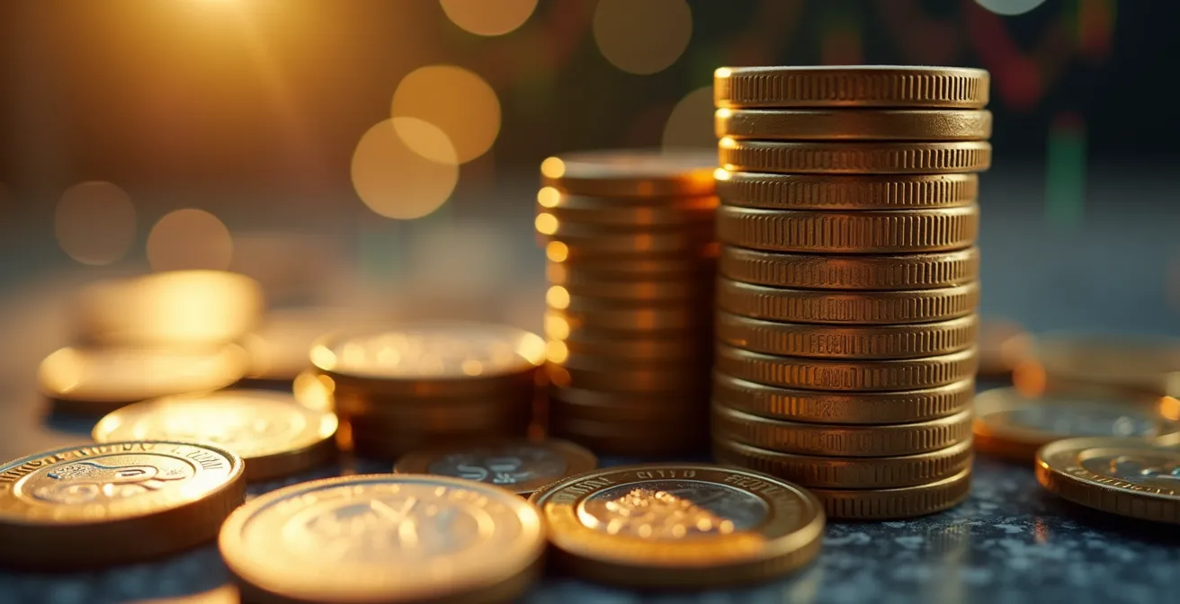 Macro shot of British pound coins and financial calculation tools, representing the financial value of brand equity.