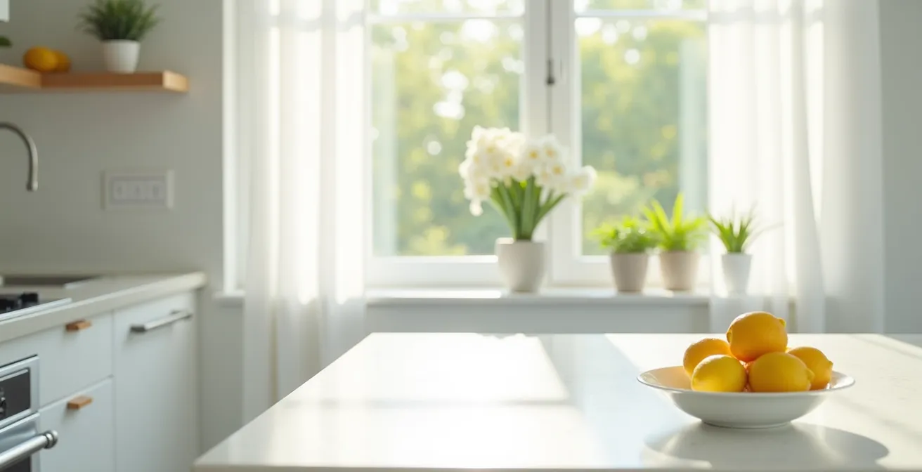 Sunlit kitchen with open windows and a bowl of lemons, representing natural freshness and ventilation.