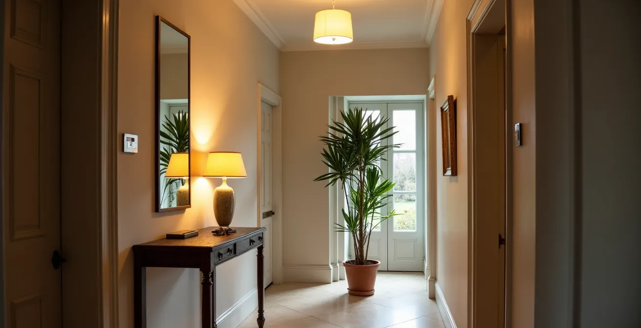 Hallway with strategic mirror placement and multiple light sources creating spacious feel