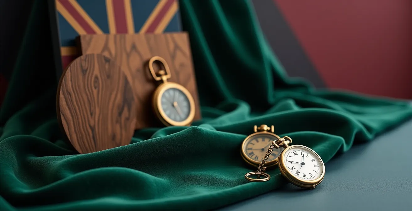 Symbolic arrangement of British luxury design elements like green velvet and polished wood, for a visual audit.