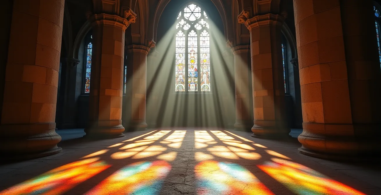 Dramatic light rays filtering through Gothic stained glass windows onto stone columns