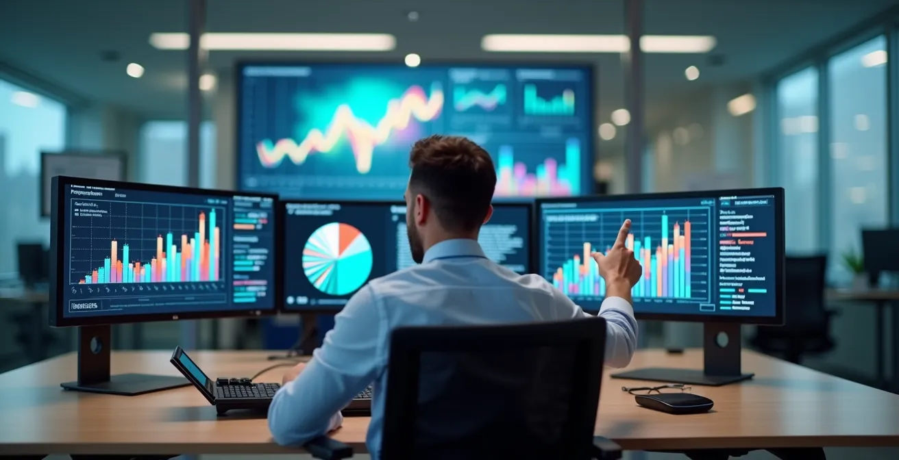 Financial analyst reviewing customer lifetime value metrics on multiple screens