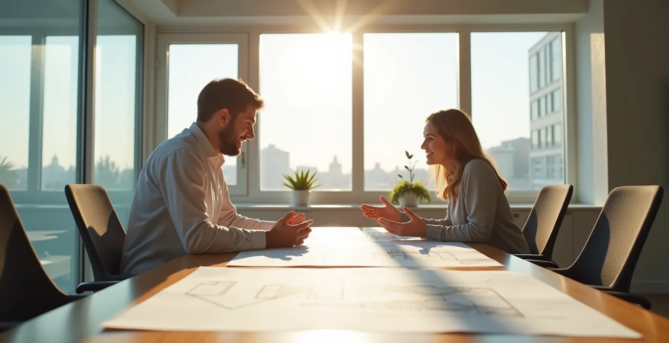 Two professionals in constructive meeting discussing documents with open body language
