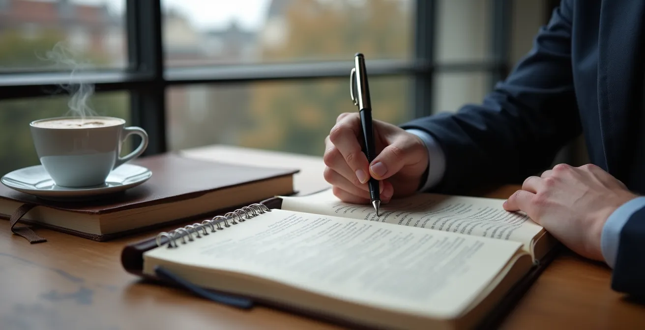 Professional writing at desk with London financial district view in background