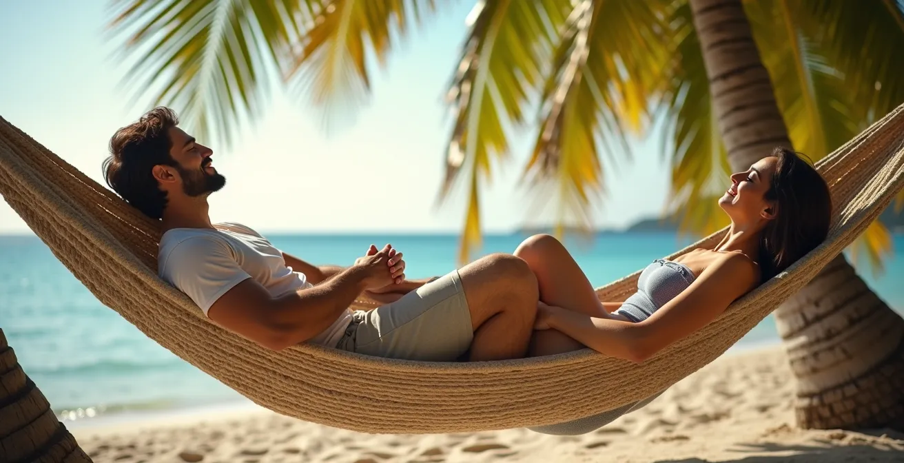 Peaceful couple resting in hammock between palm trees with ocean view