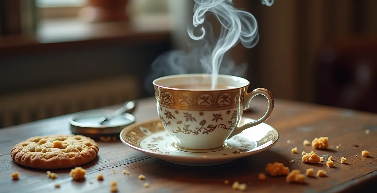 Whimsical tea cup on saucer with steam forming question mark shape