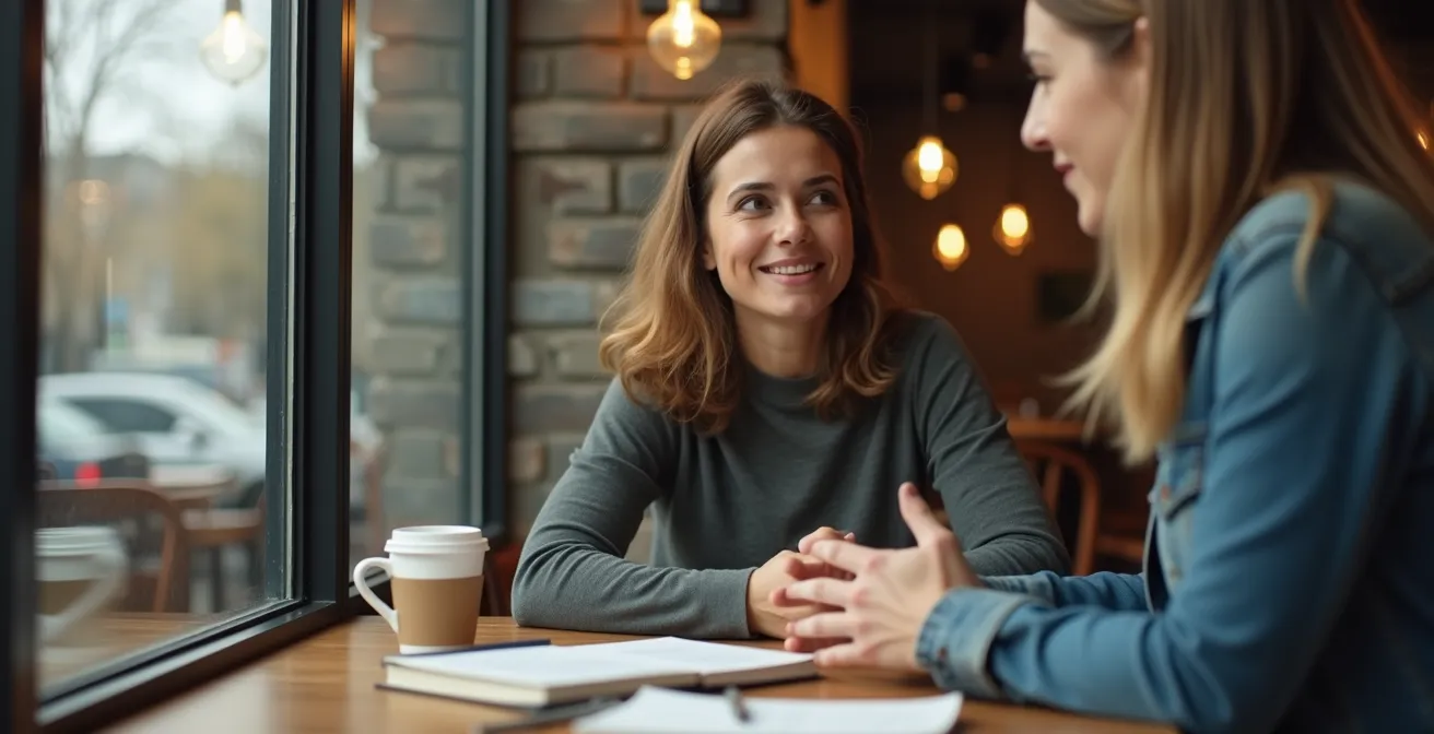 An interviewer actively listening to a potential user in a cafe, demonstrating good customer interview dynamics.