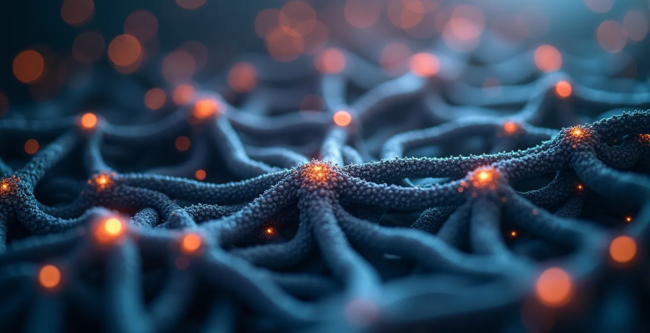 Extreme close-up of interconnected network nodes showing relationship connections and growth patterns