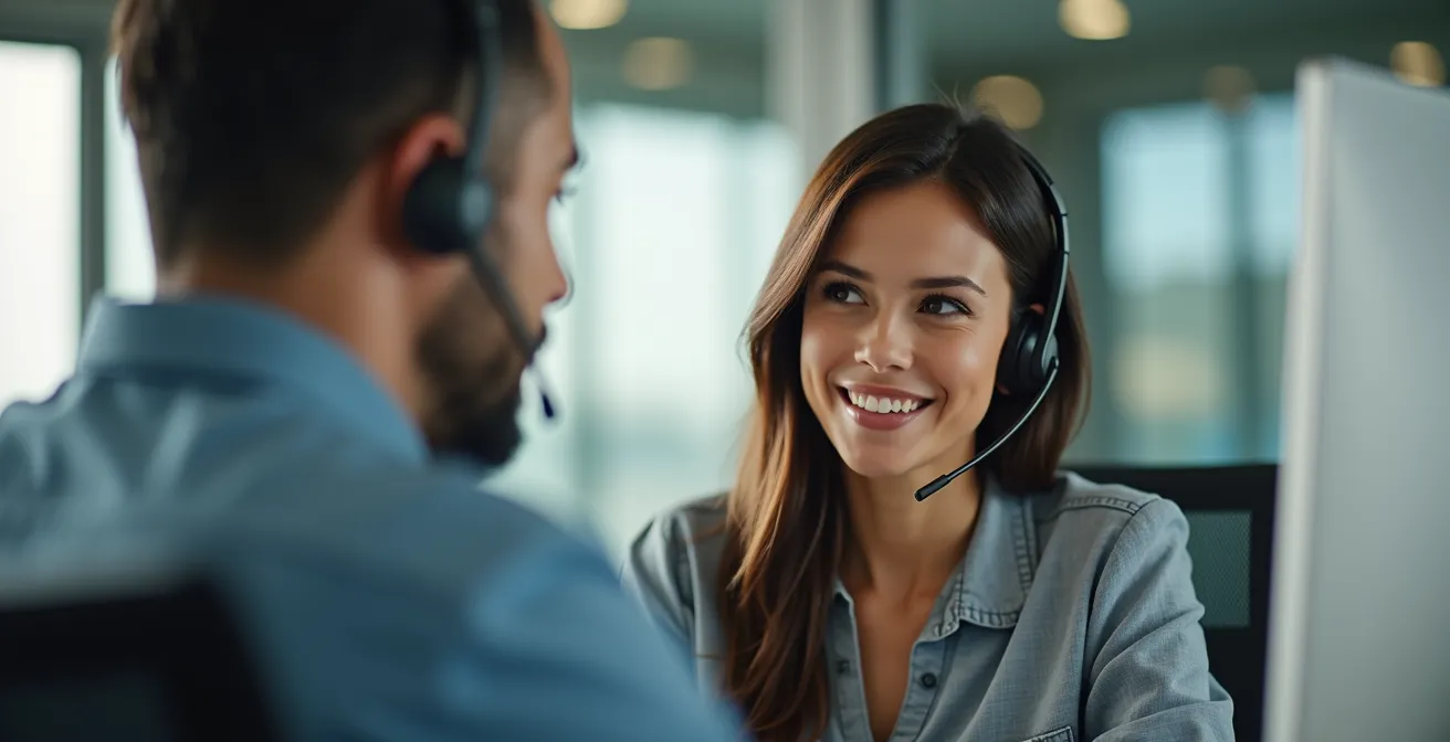 Close-up of customer service professional having empathetic phone conversation in modern office setting