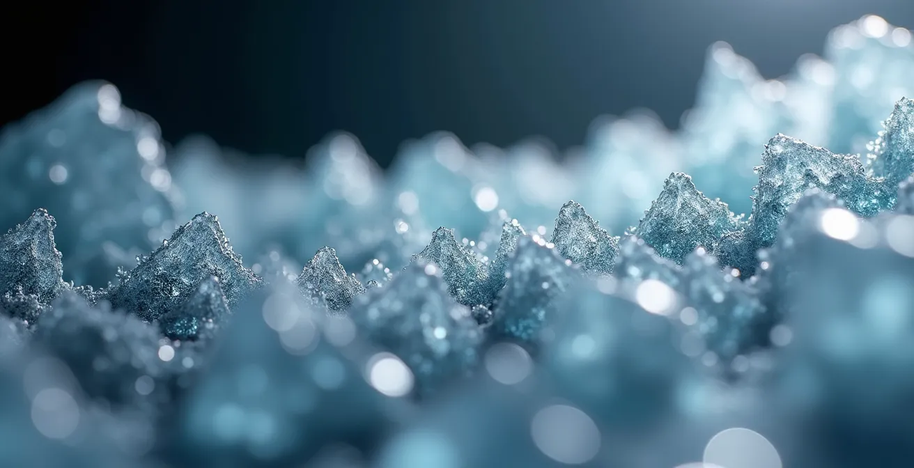 Abstract visualization of data being refined and organized through multiple stages