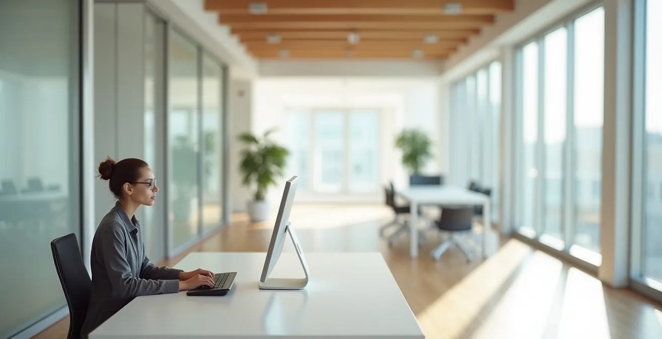 Professional in minimalist office space engaged in concentrated work without distractions