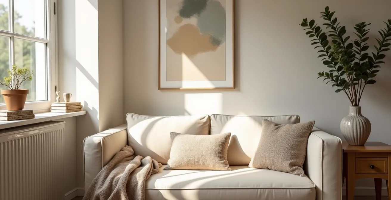 Neutral living room staged with minimal personal items and lifestyle accessories