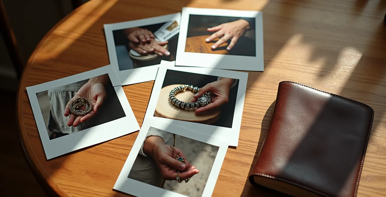 A thoughtfully arranged flat lay of photographed mementos creating a digital memory collection