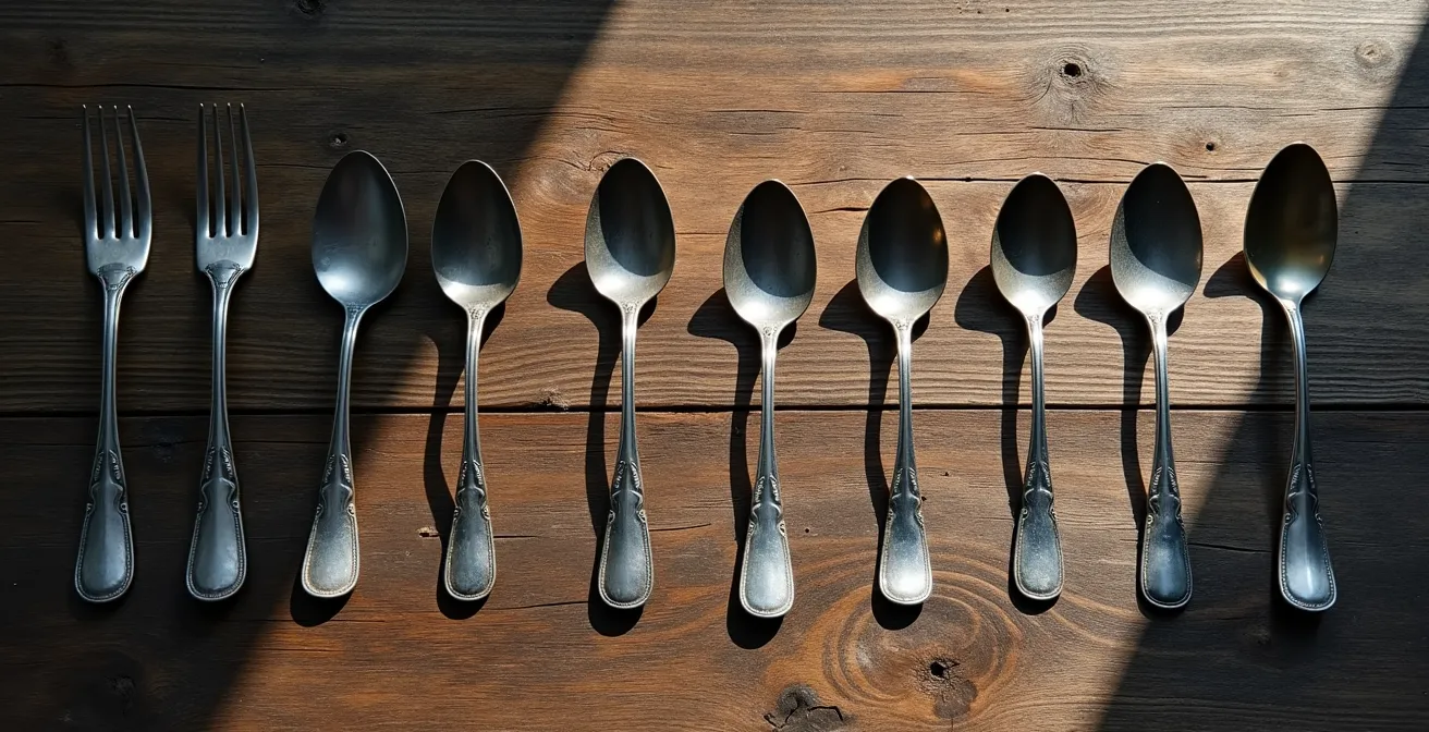 Artistic arrangement of vintage silver spoons casting dramatic shadows on textured surface