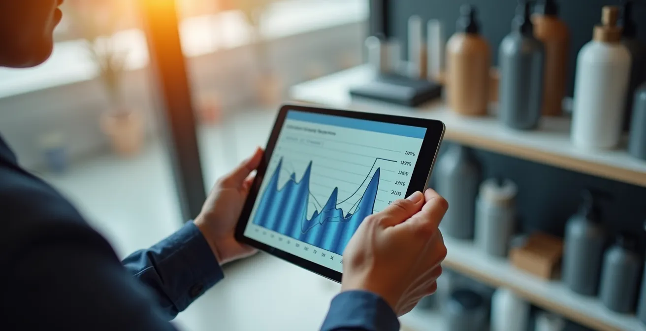 Close-up of hands analyzing trend graphs on a tablet with retail products in the background