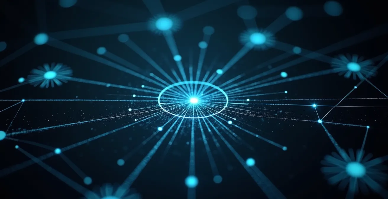 Abstract visualization of trend patterns emerging from UK cities, showing data flow from London spreading to other regions