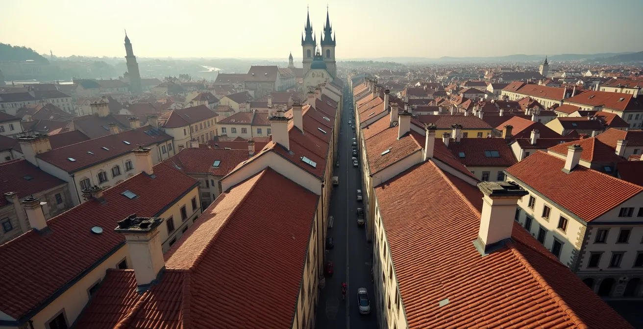 Aerial view of traditional European rooftops showing architectural harmony