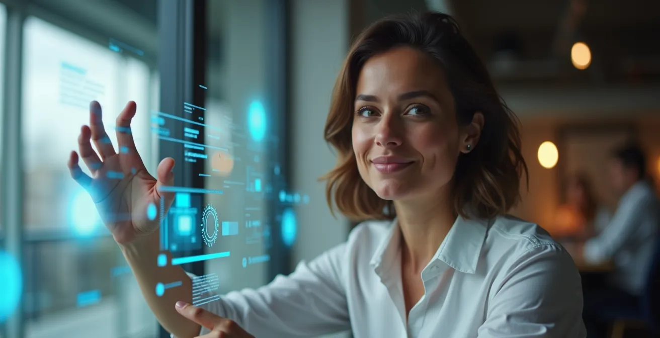 Workers collaborating with digital tools showing augmentation not replacement