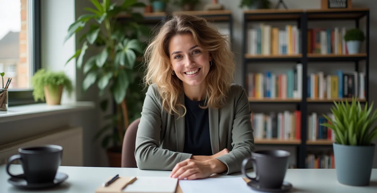 UK service professional making personal video call with warm natural lighting