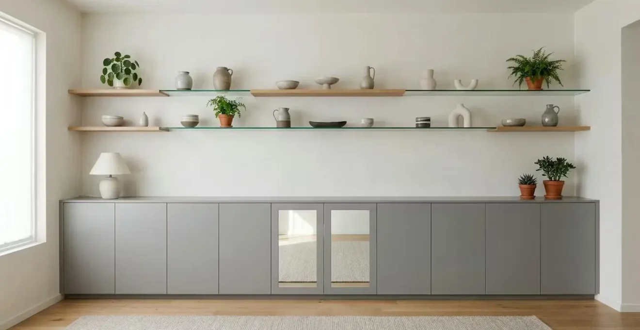Living room with balanced open and closed vertical storage creating visual harmony