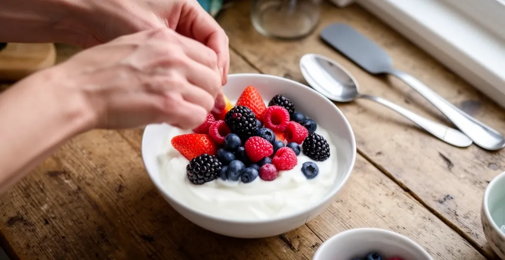 Preparing natural yogurt with berries in home kitchen