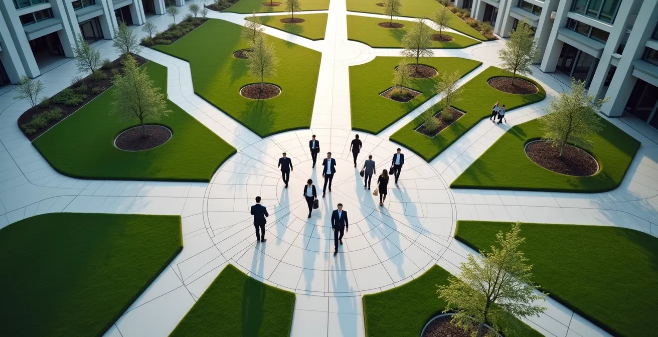 Aerial view of interconnected pathways representing customer journey stages