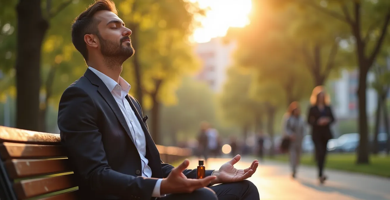 Business professional practicing breathing exercise in urban park during morning commute