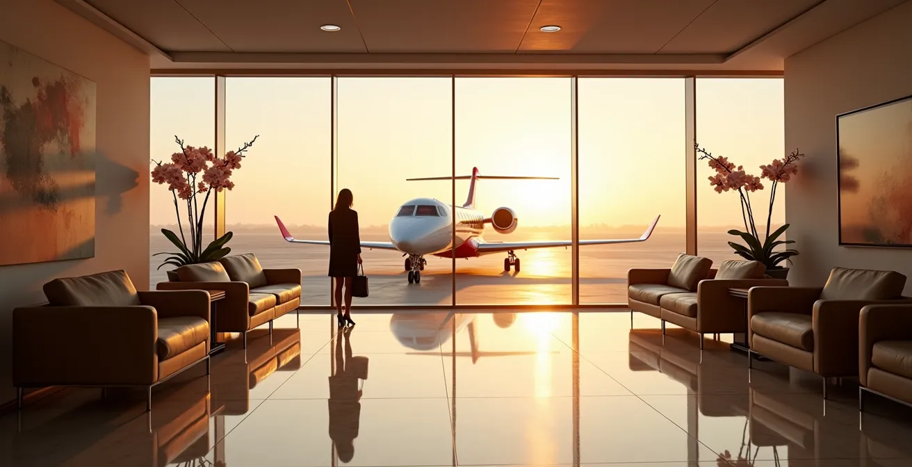 Modern private aviation terminal interior with floor-to-ceiling windows overlooking tarmac at dawn