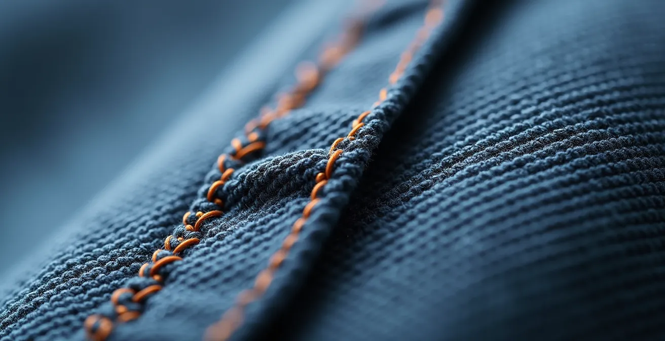 Extreme close-up of high-quality garment stitching showing tight, even stitches