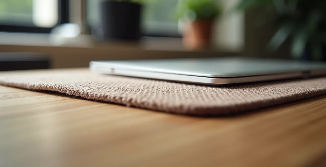 Extreme close-up of organized desk surface showing texture and material quality