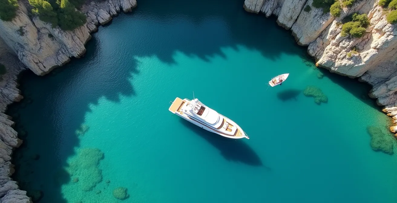 Aerial wide shot of luxury motor yacht anchored in secluded Mediterranean cove with turquoise waters