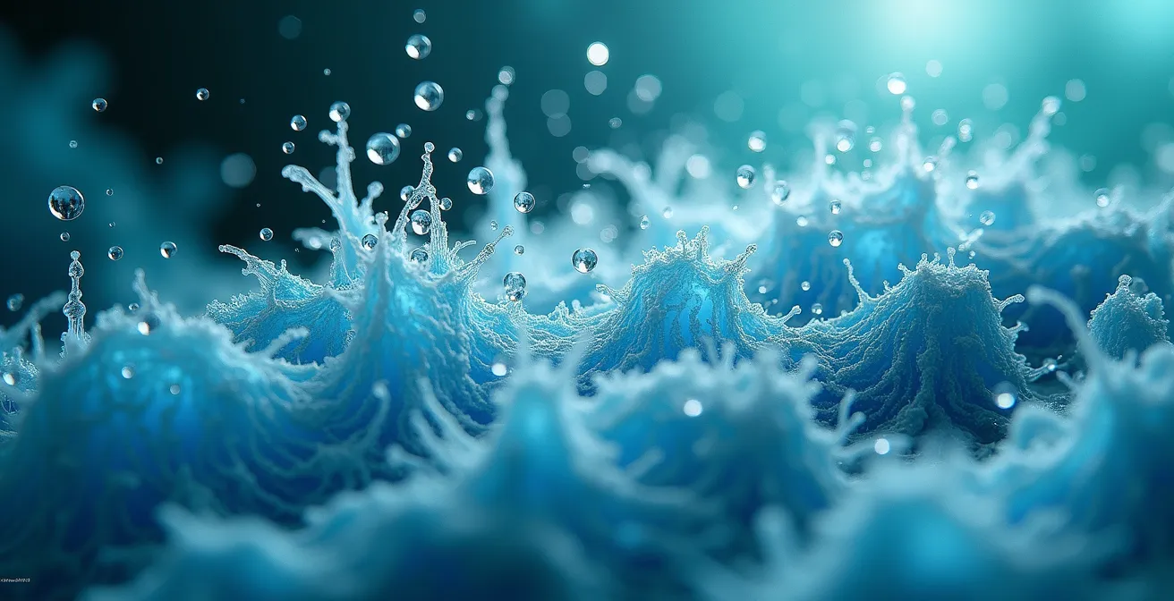 Extreme close-up of synthetic textile fibers releasing microplastics into water