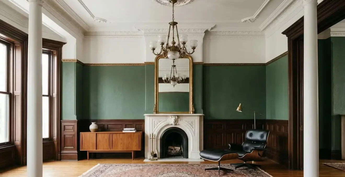 Victorian room with original moldings featuring a low-profile mid-century sideboard and modern seating arrangement