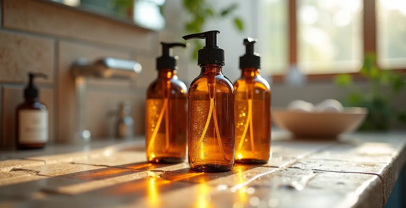 A serene minimalist bathroom counter with carefully selected skincare items