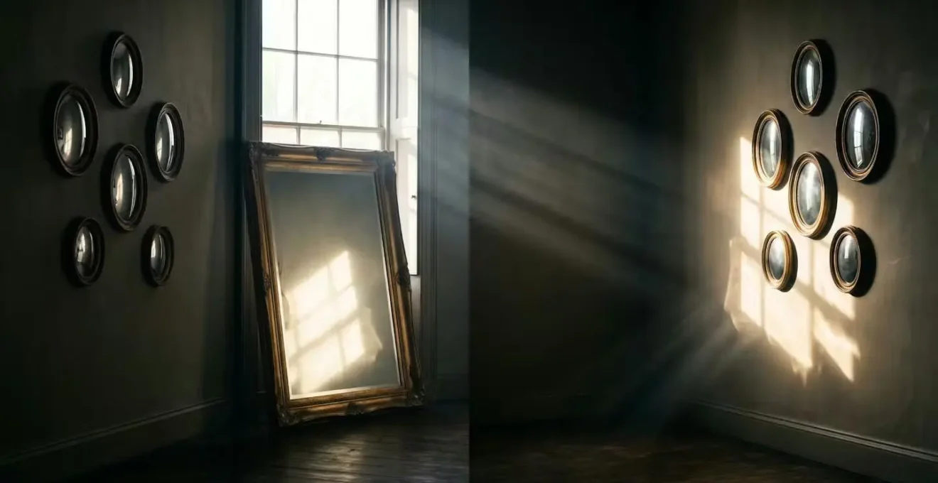 Strategic mirror placement demonstrating light reflection into dark corners of a room