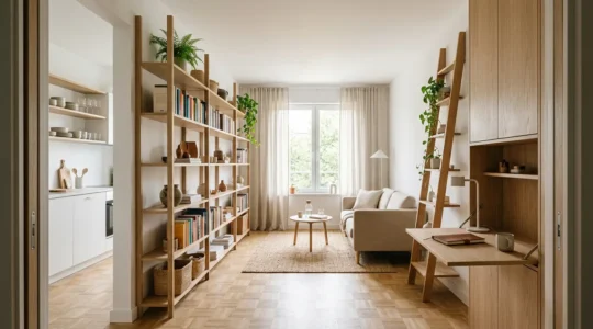 Modern one-bedroom apartment showcasing floor-to-ceiling vertical storage systems
