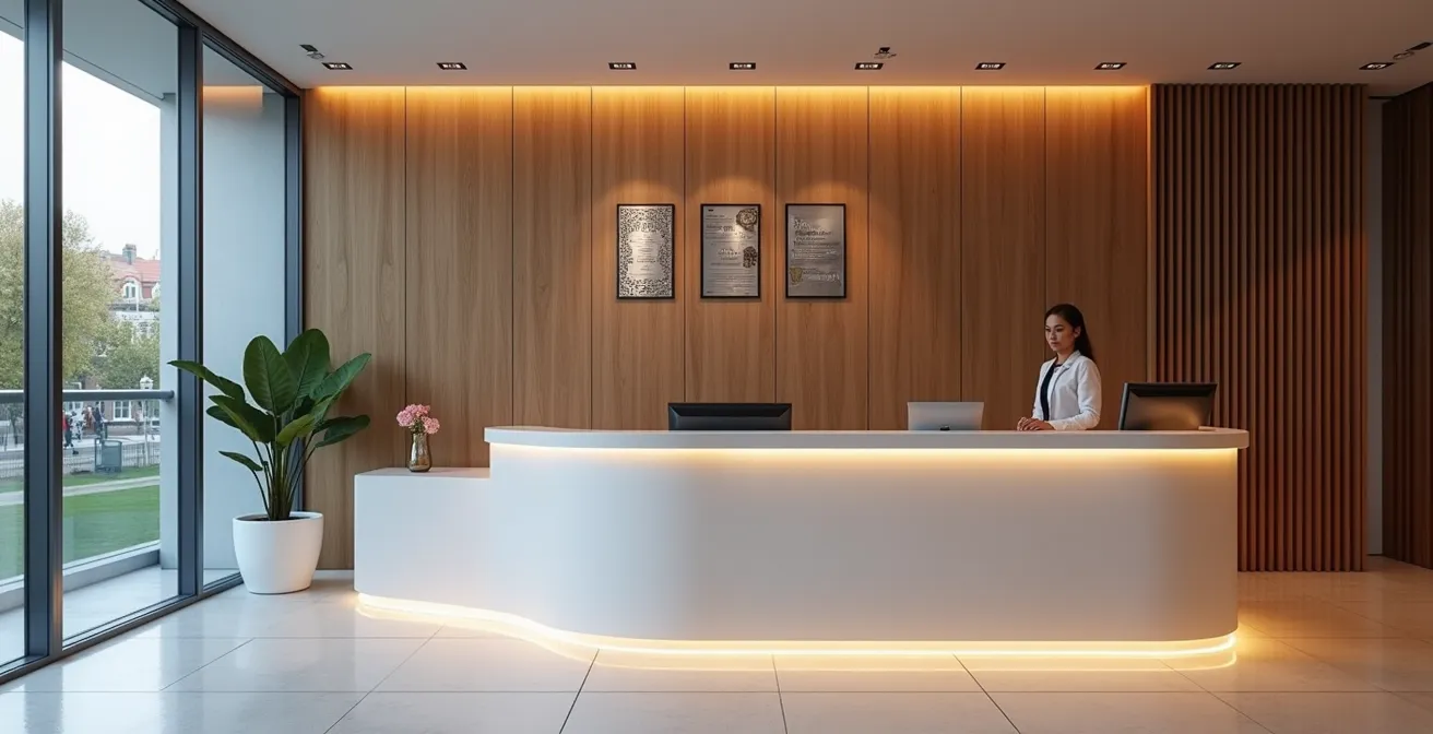 Professional reception desk area with UK business certifications displayed on wall