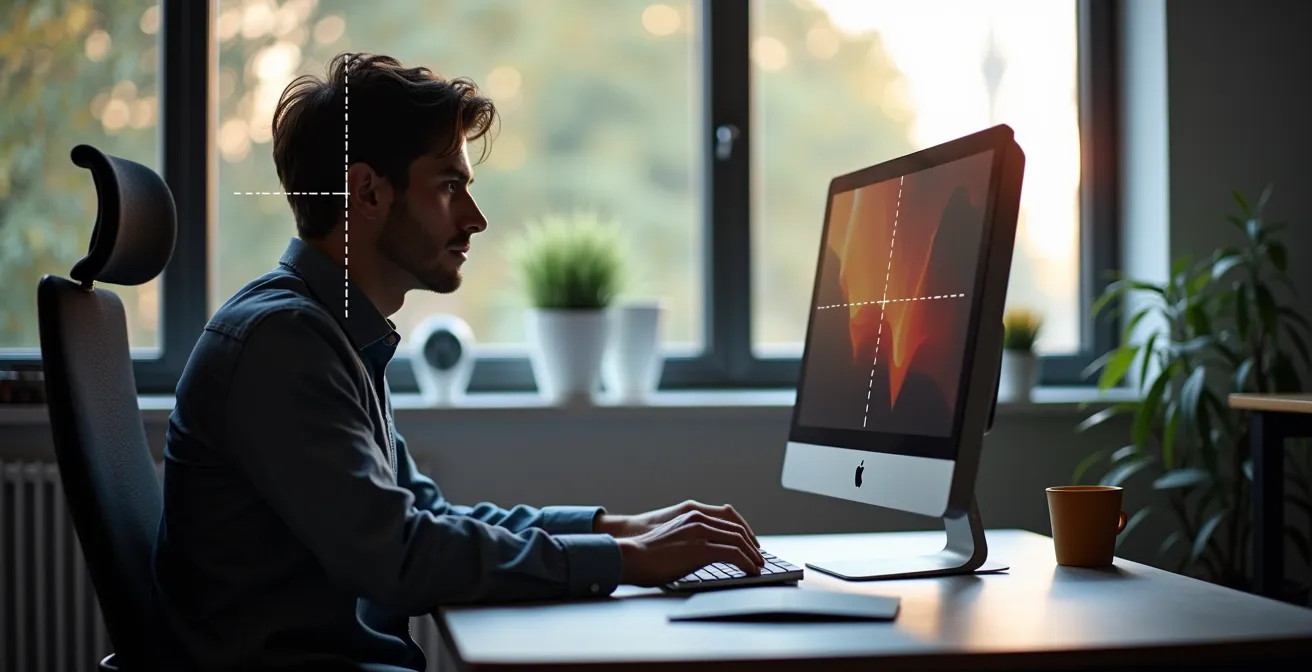 Close-up of properly positioned monitor with natural gaze angle demonstration